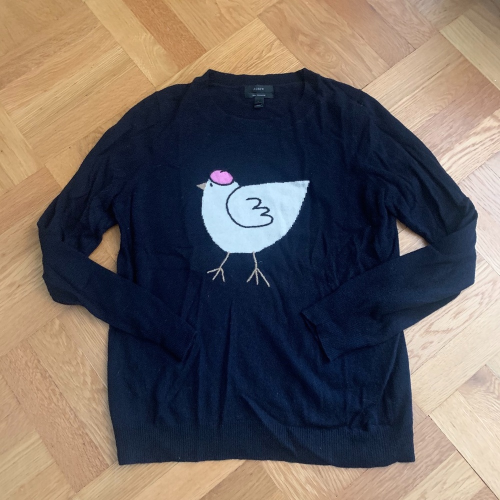 J. Crew Hen Intarsia Navy Blue Wool Sweater